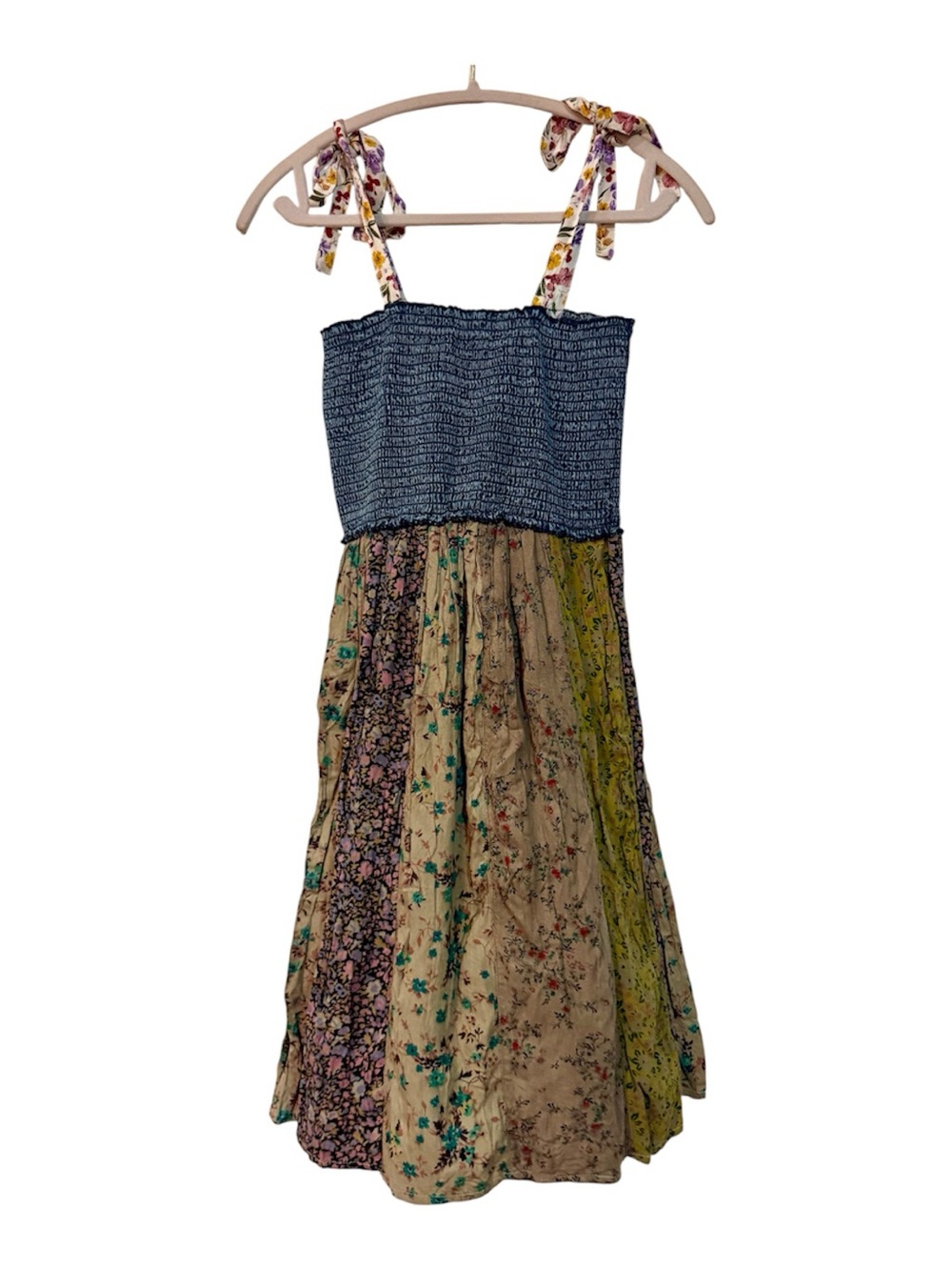 NWT Young Threads Smocked Denim & Floral Patchwork Mini Dress with Tie Straps
